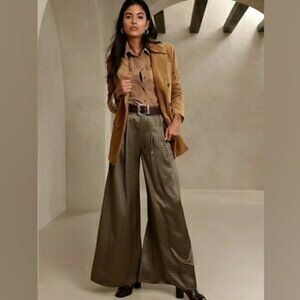Banana Republic 100% Silk WideLeg Pants Cream/Brown/Blue Geometric Print 14 NWT
